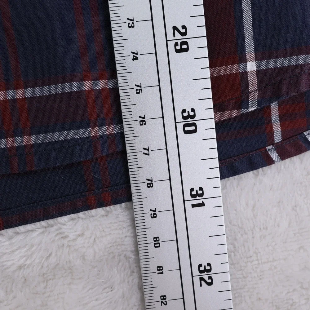 Lincs‎ David Chu Mens XL Navy Blue Burgundy Plaid Cotton Button Down Shirt LS